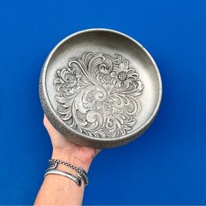 Vintage Norwegian Metal Bowl Folk Art Floral Nordic Home Table Decor Signed